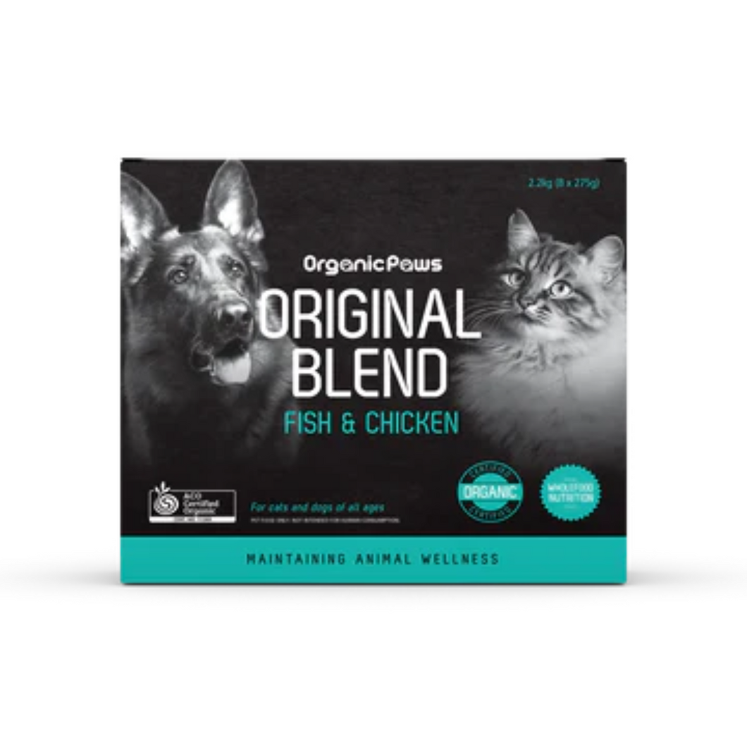 Organic Paws Original Blend: Certified Organic Fish & Chicken Fresh Frozen Raw Cat Dog Pet Food 2.2kg (8x275g)