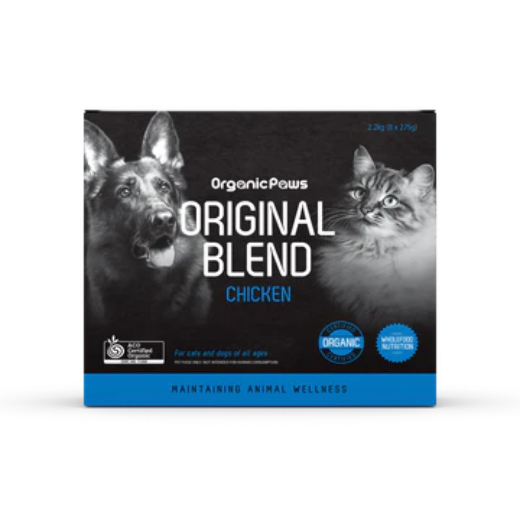Organic Paws Original Blend: Certified Organic Chicken Fresh Frozen Raw Cat Dog Pet Food 2.2kg (8x275g)
