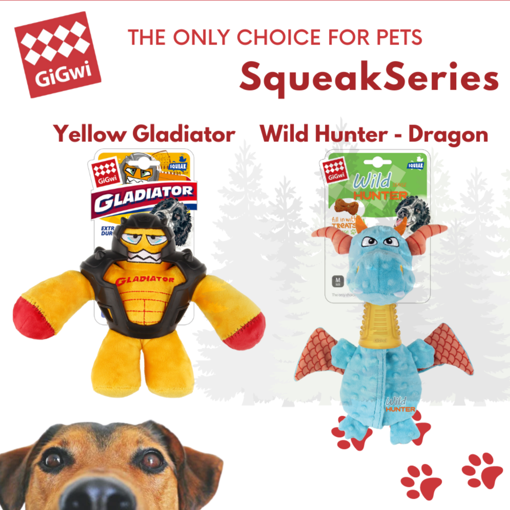 GiGwi Squeak Series: High Quality Interactive dog plush toy(Yellow Gladiator, Wild Hunter Dragon)