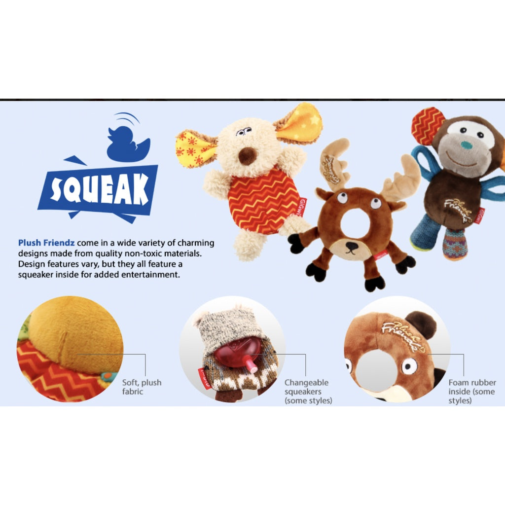 GiGwi Plush Friendz Ring Dog Toy — Interactive, Durable Plush Toy (Bear/Deer)
