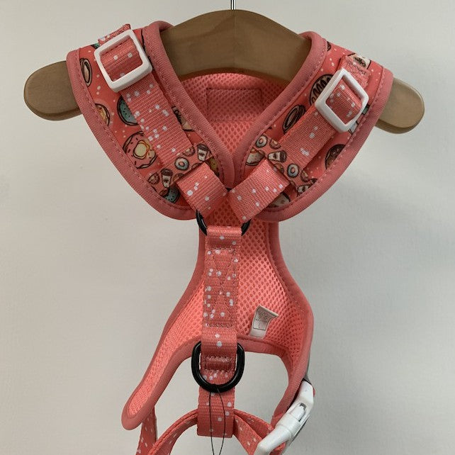 Big & Little Dogs Adjustable Dog Harness — Custom Printed Neoprene (L, Donuts and Coffee)
