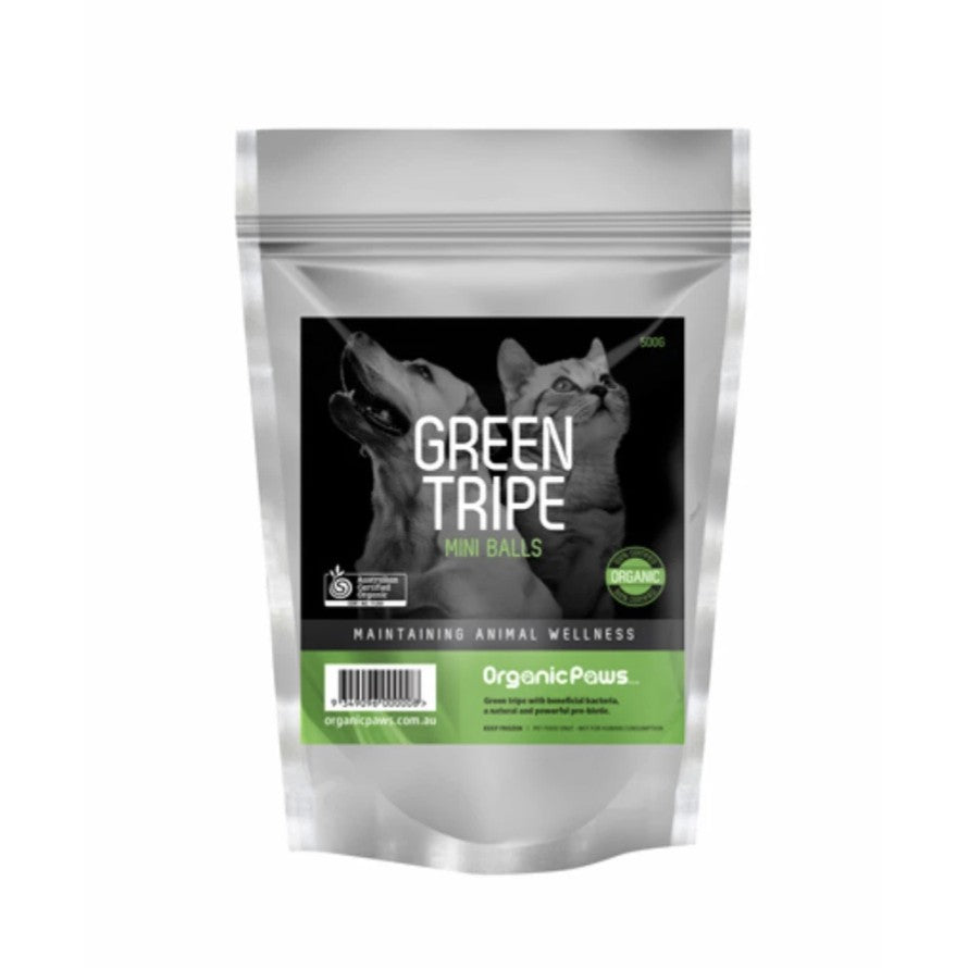 Organic Paws Green Tripe Mini Balls – Raw Frozen Treat for Dogs & Cats (500g)