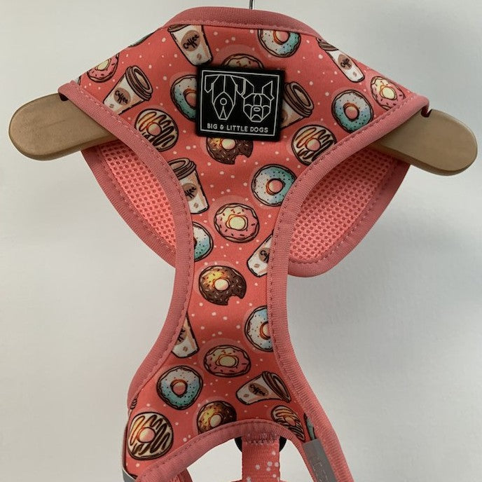 Big & Little Dogs Adjustable Dog Harness — Custom Printed Neoprene (L, Donuts and Coffee)