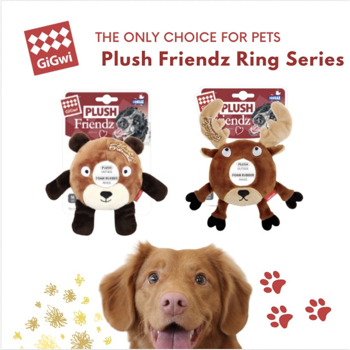 GiGwi Plush Friendz Ring Dog Toy — Interactive, Durable Plush Toy (Bear/Deer)