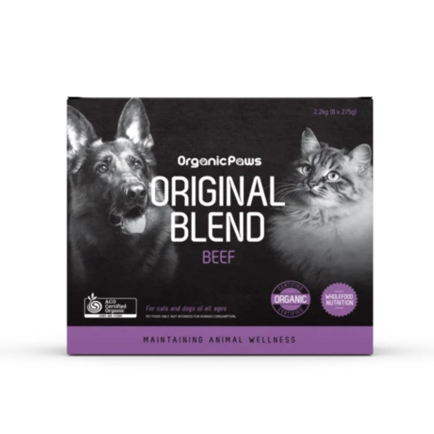 Organic Paws Original Blend — Certified Organic Raw Beef Food for Dogs & Cats (8 x 275gm)