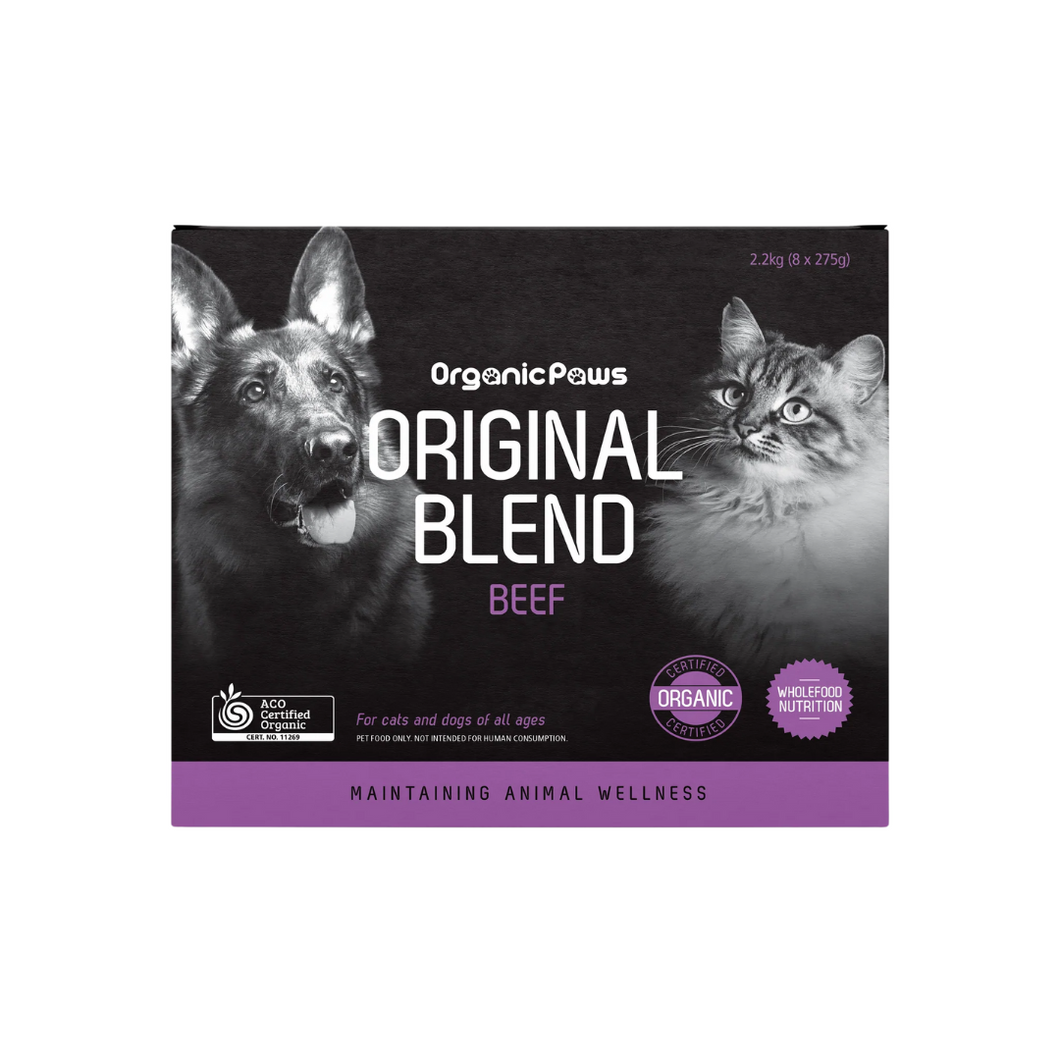 Organic Paws Original Blend: Certified Organic Beef Fresh Frozen Raw Cat Dog Pet Food 2.2kg (8x275g)