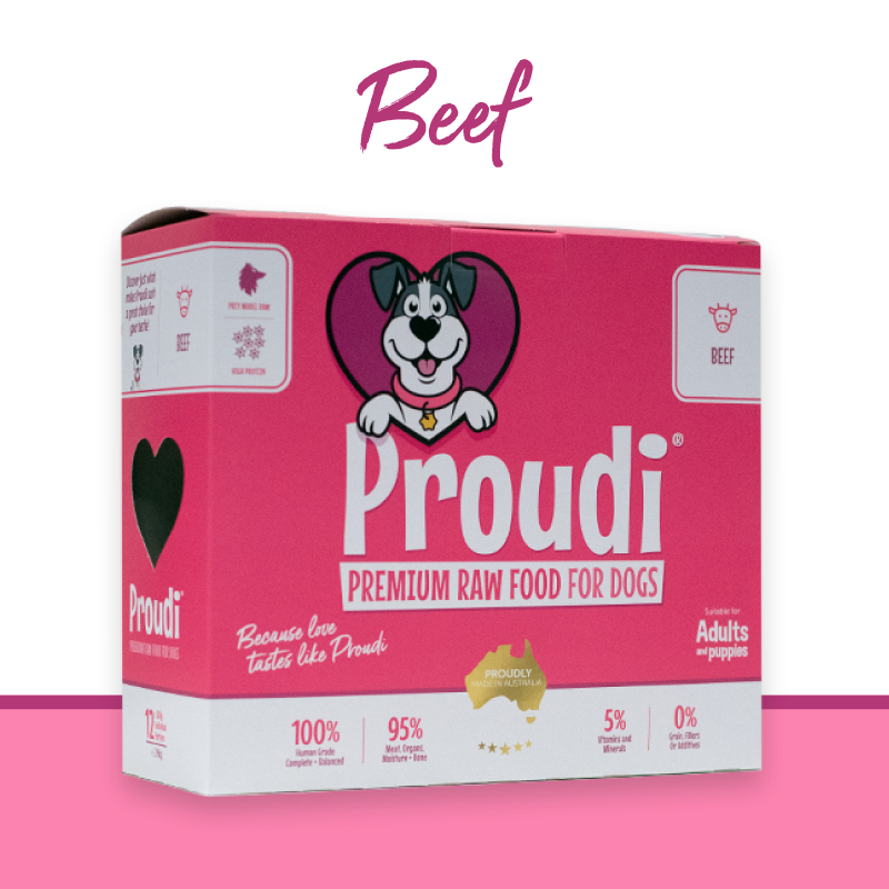 Proudi Beef-Prey Model Raw Food for Dogs - 2.4kg boxes (12 x 200g patties)